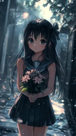 Lanternlit schoolgirl cradling dusk-pink flowers in silence.