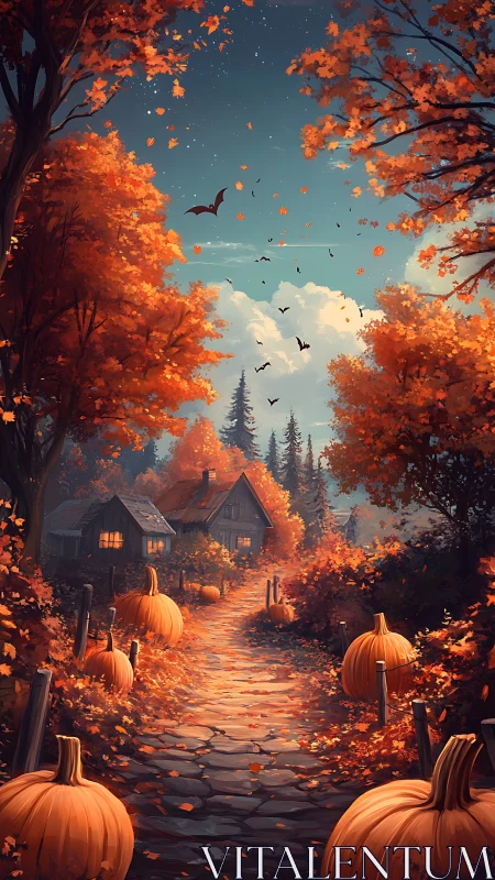 Golden autumn path leads to a cozy pumpkin-lit cottage