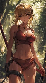 Sunlit jungle warrior pauses beneath a canopy of molten gold