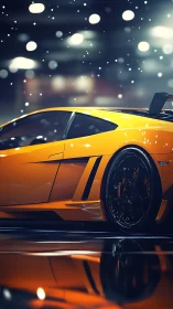 Orange supercar profile under cinematic bokeh snowfall.