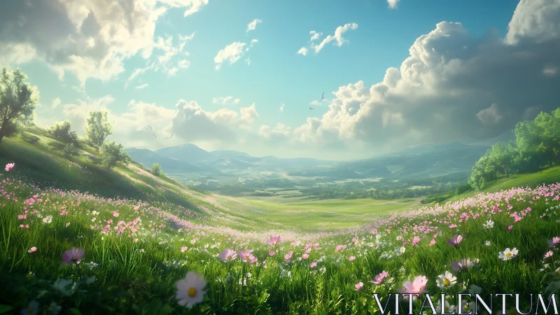 Wildflower waves roll gently toward sunlit distant mountains