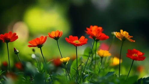 Red and Yellow Flowers in Garden Setting with Selective Focus