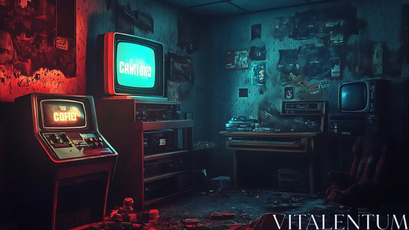 Retro gaming room with arcade cabinet and vintage TVs.