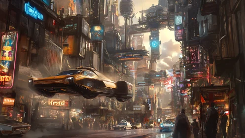 Flying car moves through dense neon cyberpunk cityscape