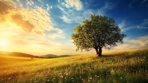 Solitary tree anchors sunlit meadow under dramatic sky