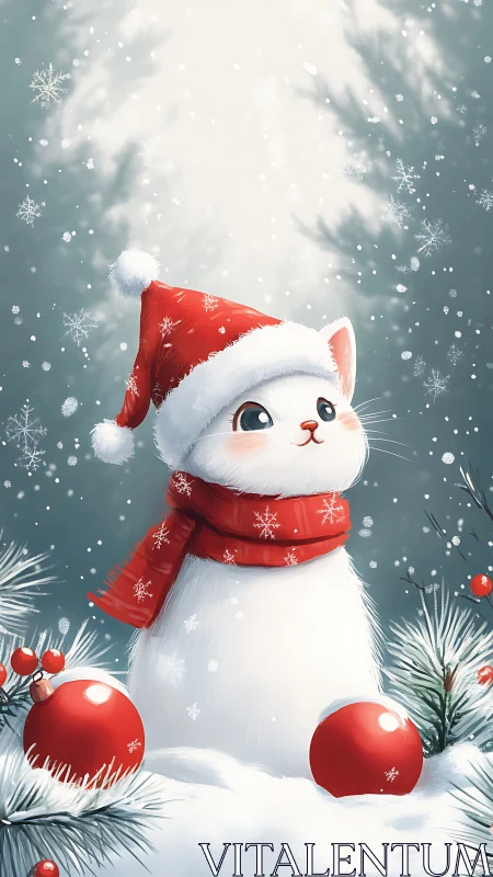 Snowy kitten in a Santa hat welcomes cozy winter magic