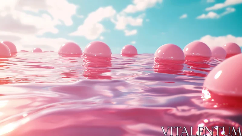 Pink reflective spheres emerge from a synthetic liquid surface