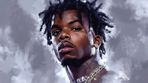 Digital portrait of confident man with chains on neck.