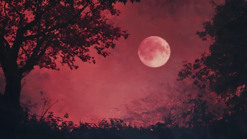 Crimson moon rises over shadowed forest silhouettes at dusk