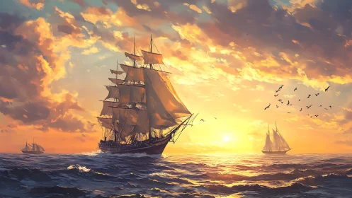 Tall ships under low-angle sunlight traverse open water