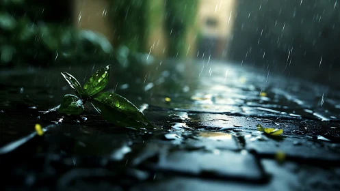 Macro view of rain-soaked leaf sprout on reflective cobblestone