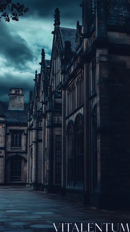 Gothic stone building facade under overcast evening sky.