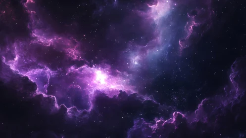 Violet cosmic nebula with glowing stellar core and dust clouds.