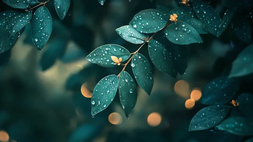 Macro photograph records wet leaves with small yellow buds