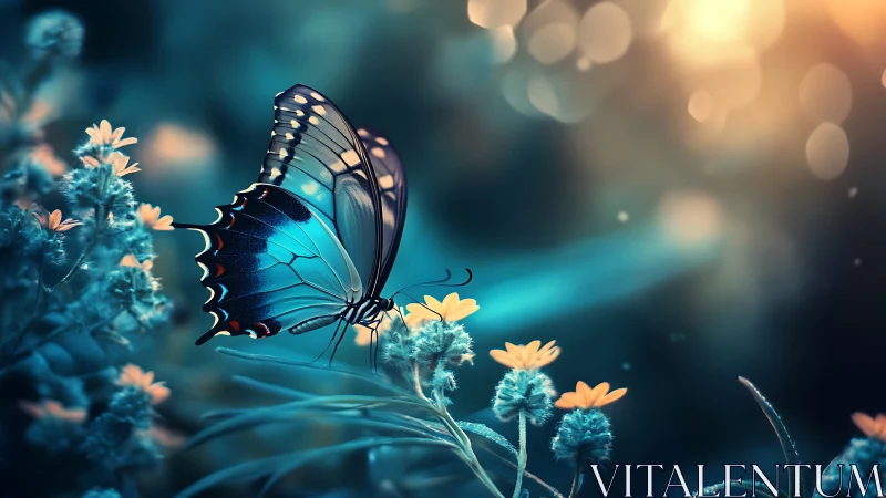 Luminous blue butterfly rests on wildflowers at dreamy dusk