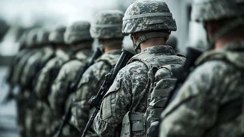 Row of uniformed soldiers stands in formation during duty