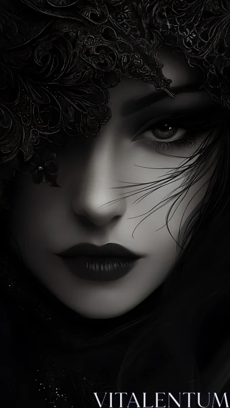 Veiled gothic woman gazes through ornate black lace