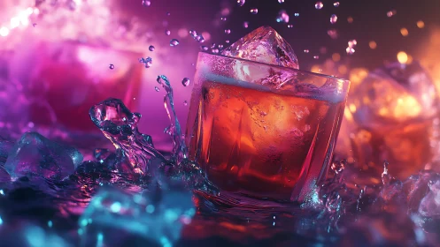 Vibrant cocktail glass with dynamic liquid splash against neon bokeh backdrop