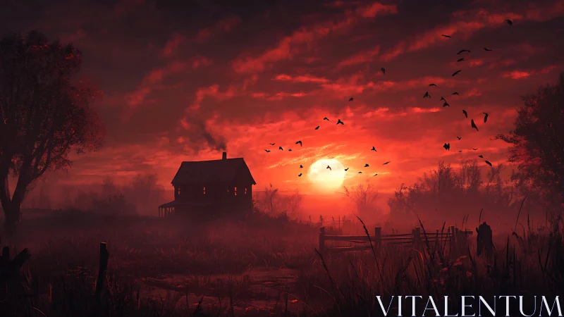 Crimson sunset gently wraps a lonely farmhouse in misty glow