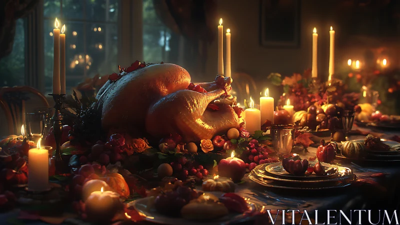 Photorealistic Thanksgiving banquet table with candlelit centerpiece.