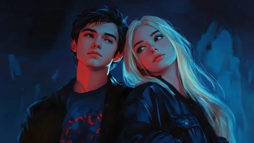 Cinematic neon portrait of pensive teen couple in blue red light