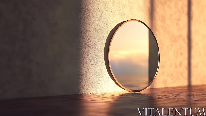 Round wall mirror reflects soft sunset seascape glow.