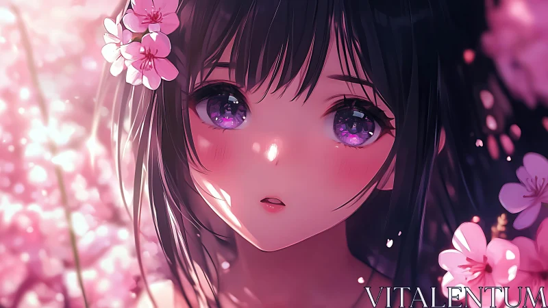 Anime portrait of sakura-lit girl with glossy violet eyes