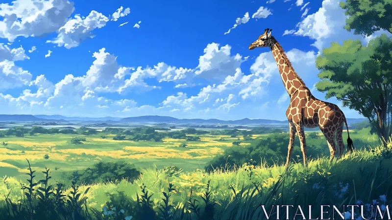 Sky-height daydream giraffe surveying sunlit savanna horizon.