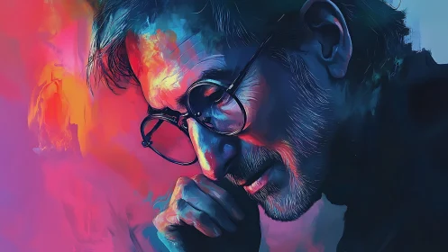 Contemplative male portrait in neon duotone digital painting