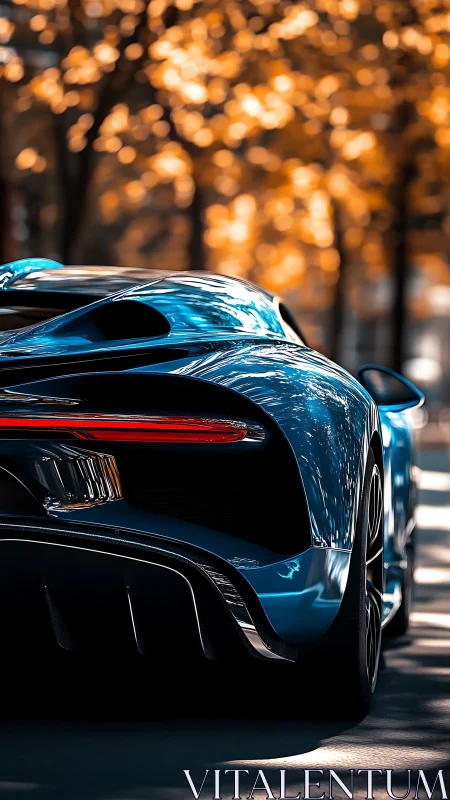 Blue hypercar glides through autumn light with liquid chrome grace.