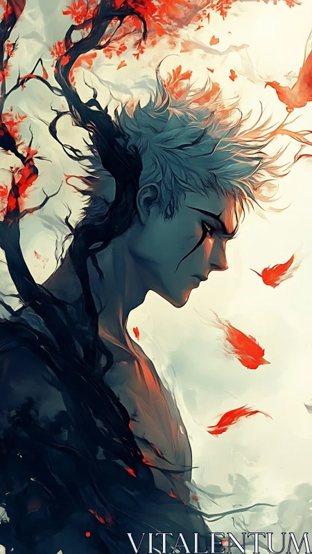 Sylvan hybrid portrait with arboreal morphogenesis and embered leaves.