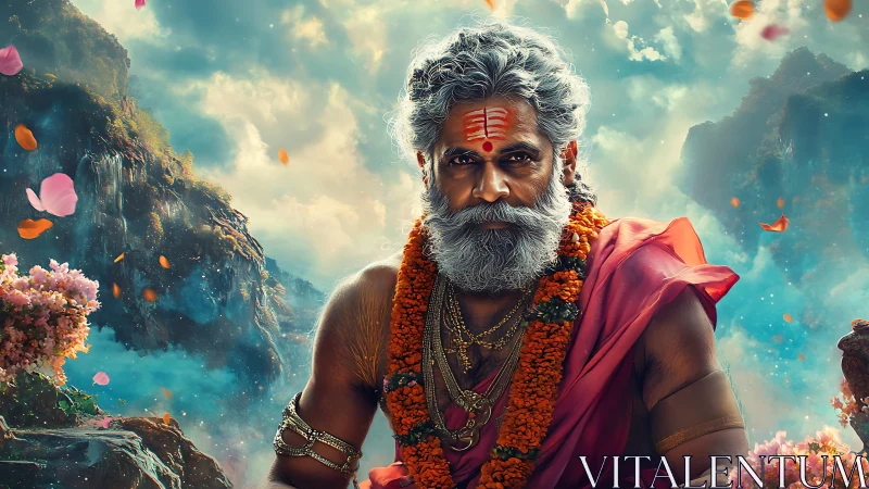 Elderly Hindu sage in vivid mountain temple landscape.