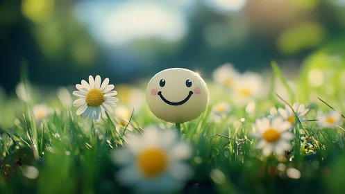 Smiling emoji garden orb amid dewy daisies at sunrise.