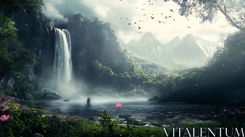 Silent wanderer beneath the hymn of emerald falls.