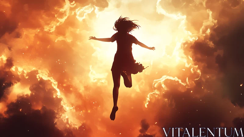 Girl leaping into glowing sky of fire and light.