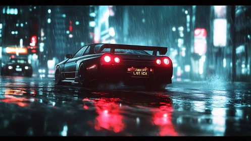 Rain-soaked tuner coupe under neon bokeh with reflective wet asphalt