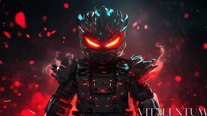 Pixelated inferno warrior with neon eyes claims the void.