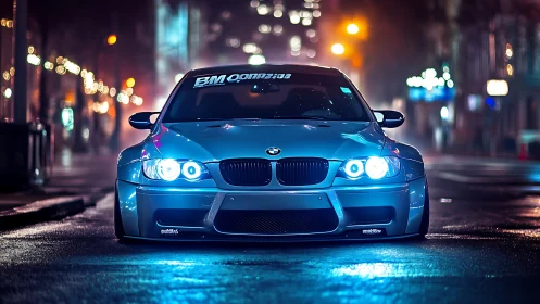 Midnight BMW coupe glowing under neon street bokeh lights.