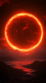 Molten red star over volcanic horizon in digital vista.