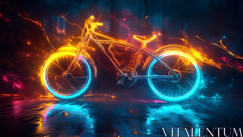 Illuminated bicycle rendered with neon glow effects.