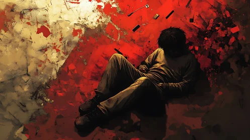 Solitary figure lies in crimson chaos, evoking raw despair