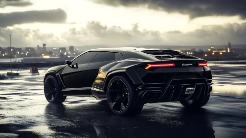 Black supercar dominates wet rooftop under stormy skyline