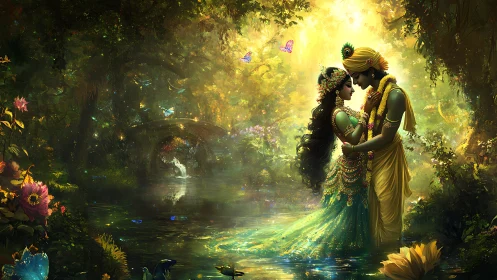 Divine Reunion in Enchanted Garden with Radiant Lovers