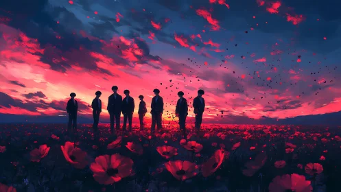 Silhouetted figures in poppy field under red blue sky.