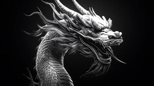 Monochrome 3D Eastern dragon bust with dynamic motion.