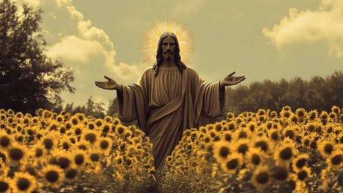 Sunlit savior rises gently from a choir of sunflowers