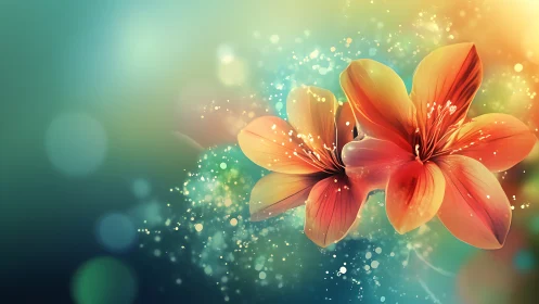 Composite Orange Flower with Particle Effects on Gradient Background