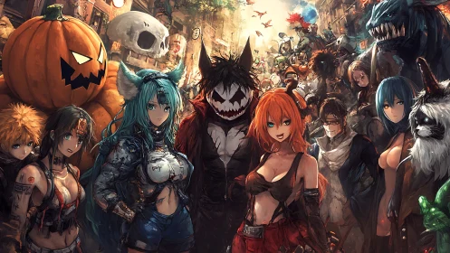 Chaotic anime monster parade storms a neon-drenched city street