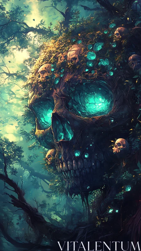 Giant glowing skull forest with eerie turquoise light forms.