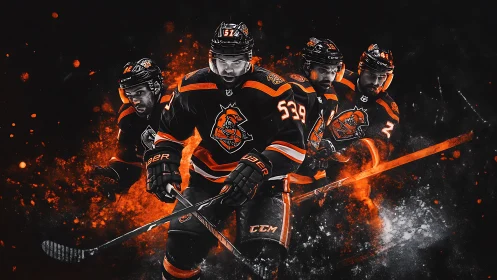 Dynamic composite of ice hockey forwards rendered with fiery motion trails